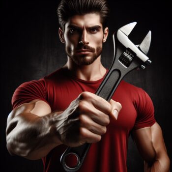 a strong male hand in red hold a type of wrench towards the camera on black background