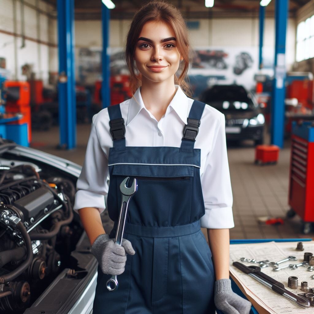 Types of Wrenches : A young mechanic stands proudly in a workshop, her uniform crisp and pristine. She is working with a wrench
