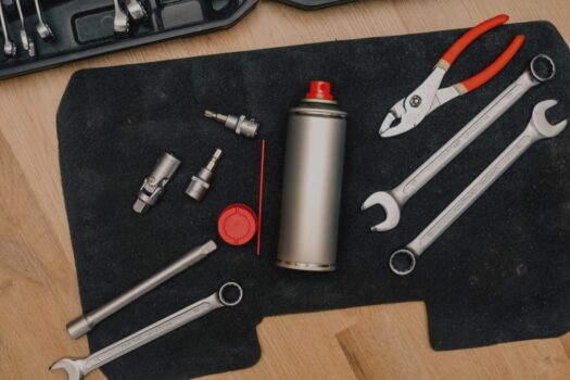 Clean tools neatly arranged with cleaning supplies