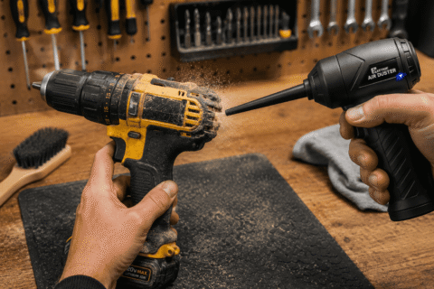 Using an electric air duster on a cordless drill